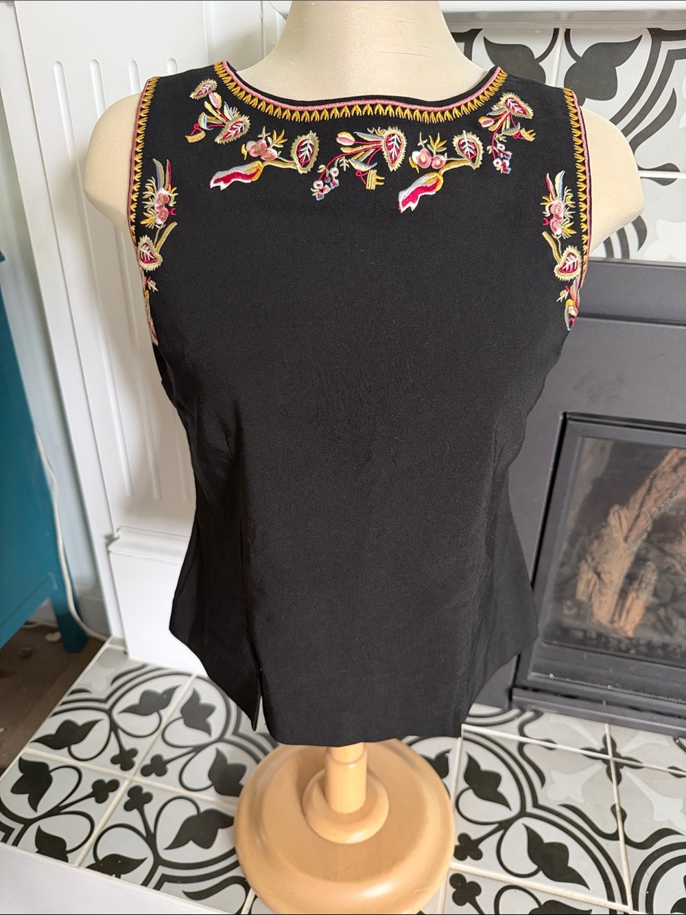 Black Embroidered Sleeveless Women’s Top Button Back